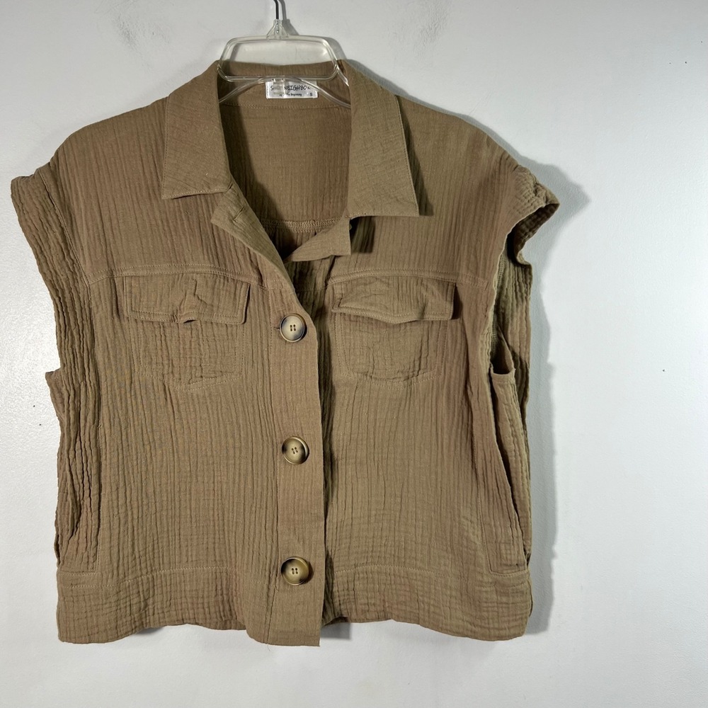 Shop Neighbor by In the Beginning Button Waffle Cotton Top Tan S Side Panel